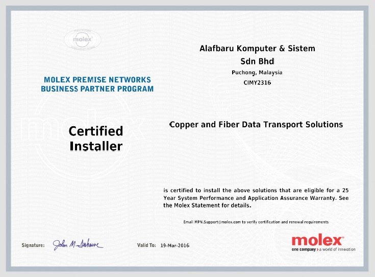 Molex Premise Networks Certified Installer certificate