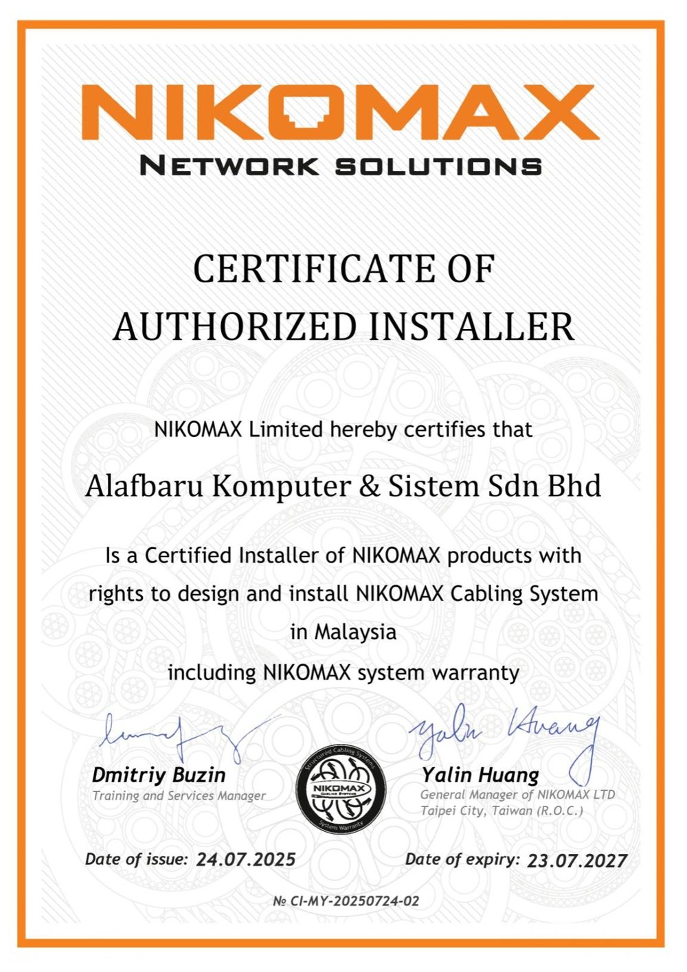 NIKOMAX Certificate of Authorized Installer