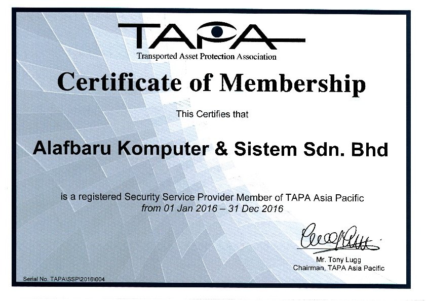 TAPA Asia Pacific certificate of membership